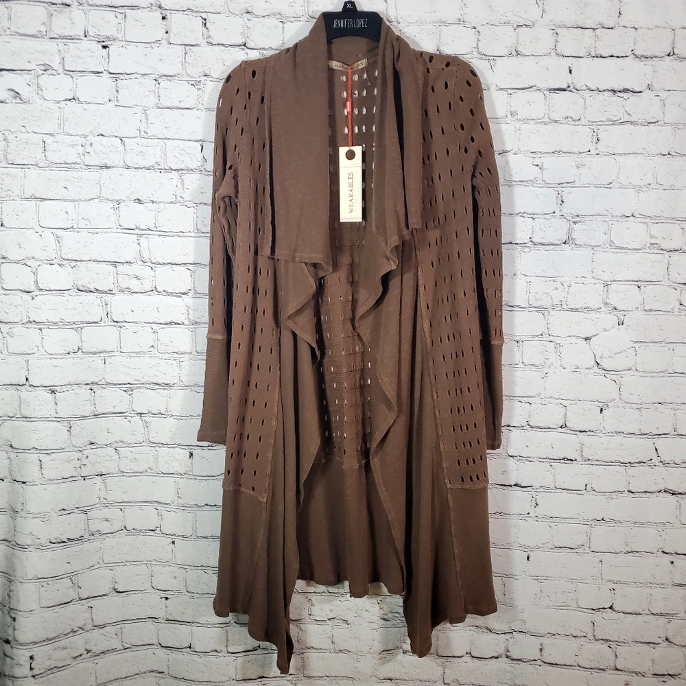 NWT WEARABLES Brown Open Front Drapey Cotton Knit Cardigan Sweater Size M